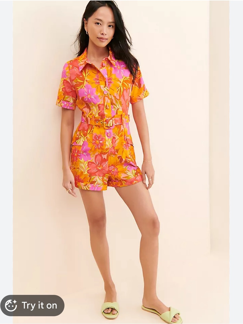 Anthropologie Tropical Floral Short-Sleeve Romper in Orange and Pink